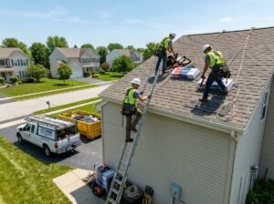 professional roofing crew starting a project with OSHA-compliant safety harnesses - how long does roof replacement take
