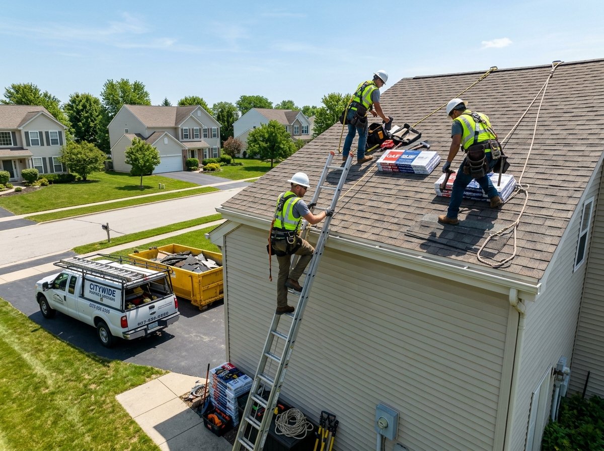 professional roofing crew starting a project with OSHA-compliant safety harnesses - how long does roof replacement take