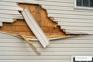 Wind-damaged vinyl siding showing loose and cracked panels on a home's exterior