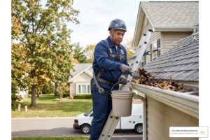 gutter cleaning service professional removing leaves from clogged gutters