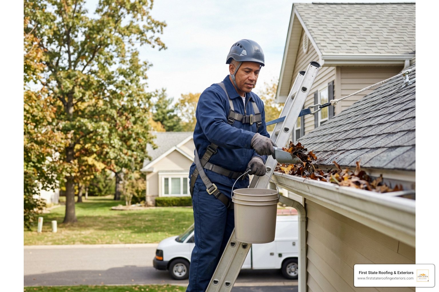 gutter cleaning service professional removing leaves from clogged gutters